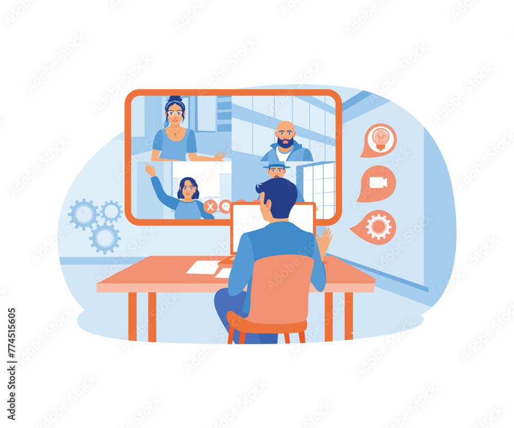 Businessman working from home. Discuss work online. Conference meeting concept. Flat vector illustration.