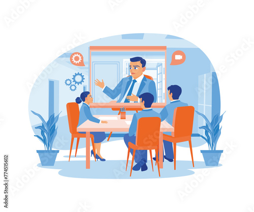 The CEO chairs a meeting with employees. Discuss online via computer. Conference meeting concept. Flat vector illustration.