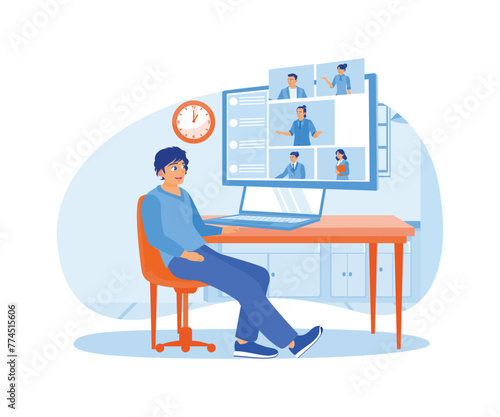Man chatting with a coworker online. Discuss work during a video call. Conference meeting concept. Flat vector illustration.