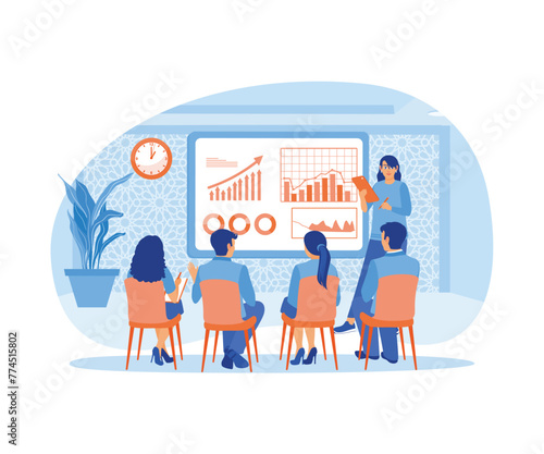 Female speaker speaking in front of an audience. Hold professional training in marketing. Business seminar concept. Flat vector illustration.