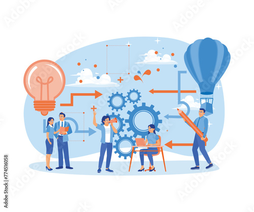 A group of young entrepreneurs solve problems with creative ideas. Exchange ideas during meetings. Team Work concept. Flat vector illustration.