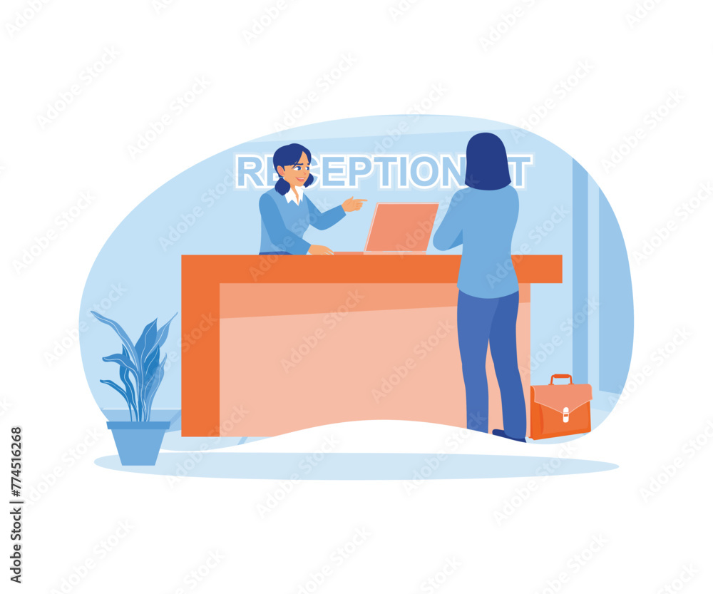 Hotel guests consult with the receptionist in the hotel lobby. The receptionist served in a friendly manner. Hotel Receptionist concept. Flat vector illustration.
