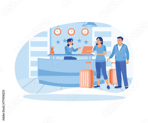 The reception is in the hotel lobby. A pair of tourists register at the reception desk. Hotel Receptionist concept. Flat vector illustration.