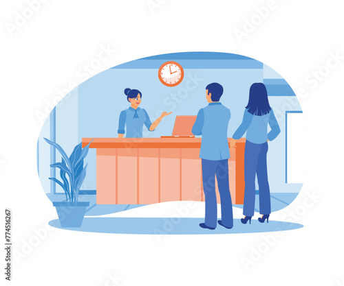 A couple of hotel guests are talking to the receptionist. Check-in at the hotel. Hotel Receptionist concept. Flat vector illustration.