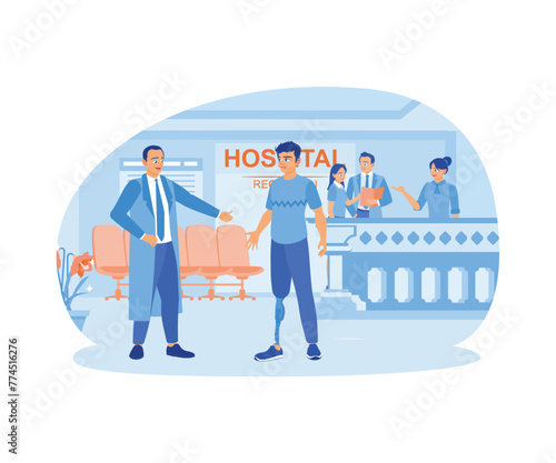 A man with a prosthesis visits the hospital. The doctor welcomes them in the hospital lobby. Hospital receptionist concept. Flat vector illustration. photo