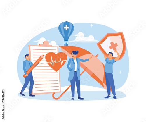 Man filling out health insurance paperwork. Doctors provide health, financial and medical services. Health Insurance concept. Flat vector illustration.
