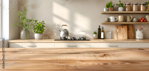 An Empty wood table top on kitchen counter. white walls. (room) background.