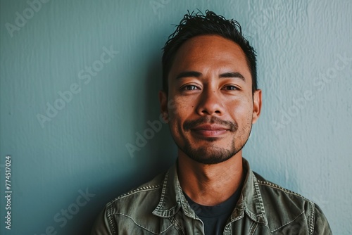 Portrait of a handsome asian man smiling against blue wall.
