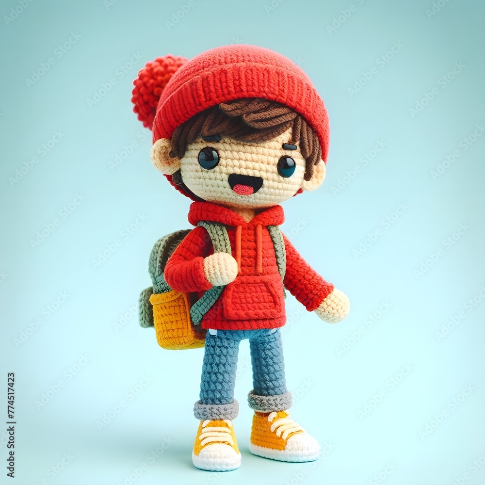Ai Generated Crochet doll figure Young man cute excited funny smiling with backpack wears casual fashion clothes, hoodie, jeans, sneakers, is standing. 3d render Ai Generated Crochet doll figure Young man cute excited funny smiling with backpack wears casual fashion clothes, hoodie, jeans, sneakers, is standing. 3d render