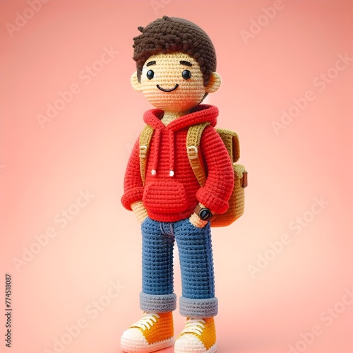 Ai Generated Crochet doll figure Young man cute excited funny smiling with backpack wears casual fashion clothes, hoodie, jeans, sneakers, is standing. 3d render