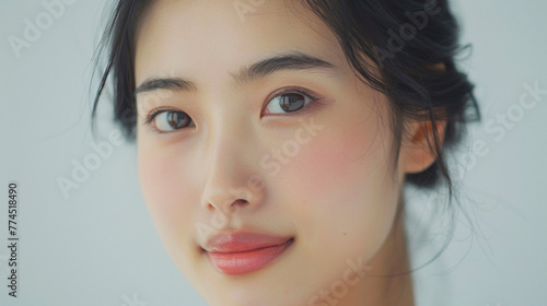 Beautiful young Asian woman with clean fresh skin looking captivatingly at the camera against a solid background. Face care  cacial treatment  cosmetology  beauty and spa