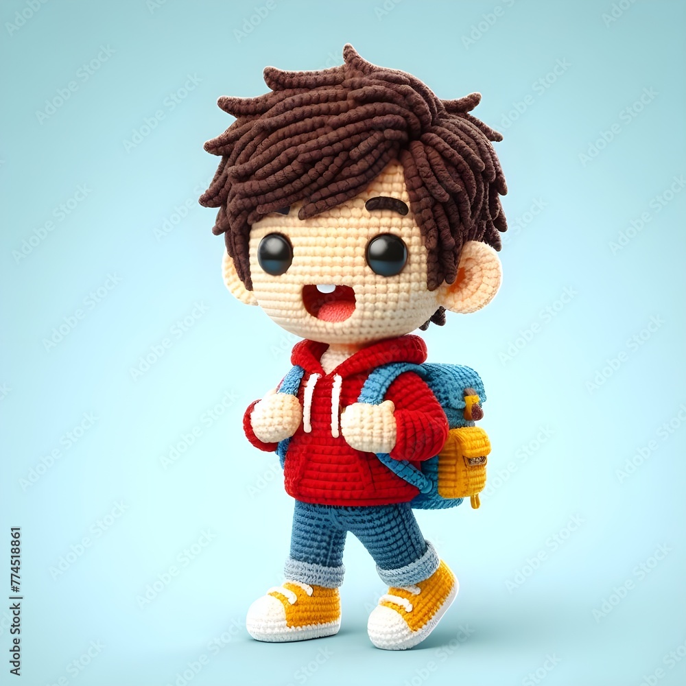 Ai Generated Crochet doll figure Young man cute excited funny smiling with backpack wears casual fashion clothes, hoodie, jeans, sneakers, is standing. 3d render Ai Generated Crochet doll figure Young man cute excited funny smiling with backpack wears casual fashion clothes, hoodie, jeans, sneakers, is standing. 3d render