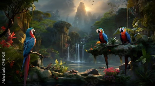 Enchanting Exotic Avian Haven: Exploring the Vibrant Tropical Paradise Brimming with Colorful Parrots Amidst Lush Foliage and Cascading Waterfalls photo