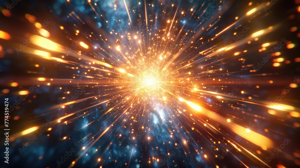 A vibrant illustration depicting golden lights zooming through a blue space A vibrant illustration depicting golden lights zooming through a blue space