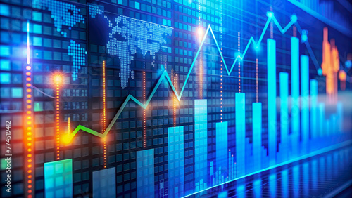 Blue line graph illustrating stock market trends and growth in business and finance technology. Generative ai