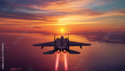 F16 military fighter airplane flying against sunset sky. Military aviation aircrafts and war missiles industry.