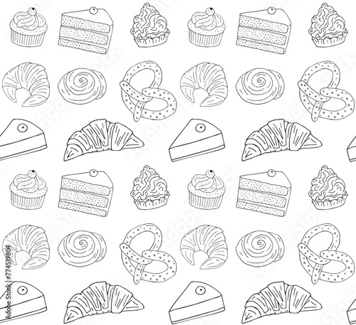 Vector seamless pattern of hand drawn sketch doodle outline bakery pies isolated on white background