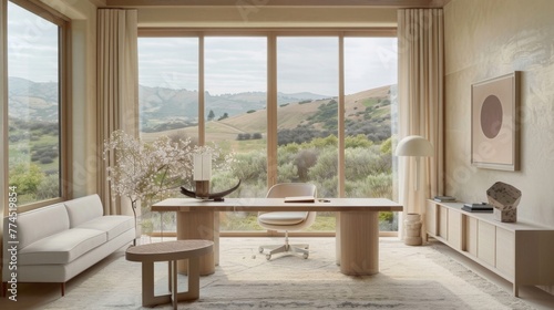 A serene and tranquil home office retreat with a minimalist desk  cozy seating area  and panoramic views of rolling hills and countryside scenery through floor-to-ceiling windows.