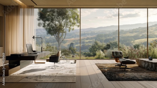 A serene and tranquil home office retreat with a minimalist desk, cozy seating area, and panoramic views of rolling hills and countryside scenery through floor-to-ceiling windows.