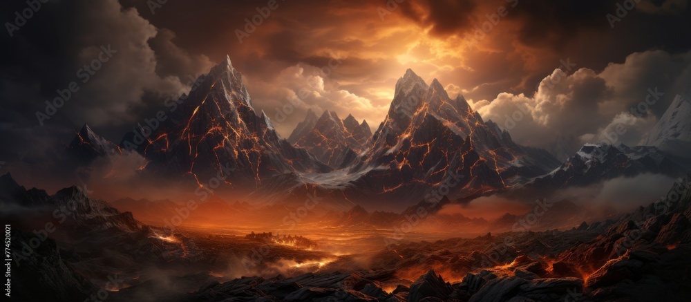 Scenic view of majestic mountains under a colorful sunset with dramatic clouds in the sky