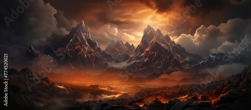Scenic view of majestic mountains under a colorful sunset with dramatic clouds in the sky