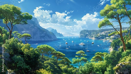 Breathtaking Seascape, Pine-fringed Shores, Azure Waters, and Serene Boats