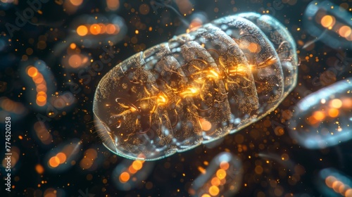 A microscopic view of a mitochondrion in action showing numerous tiny bubbles of energy being released into the surrounding cell.