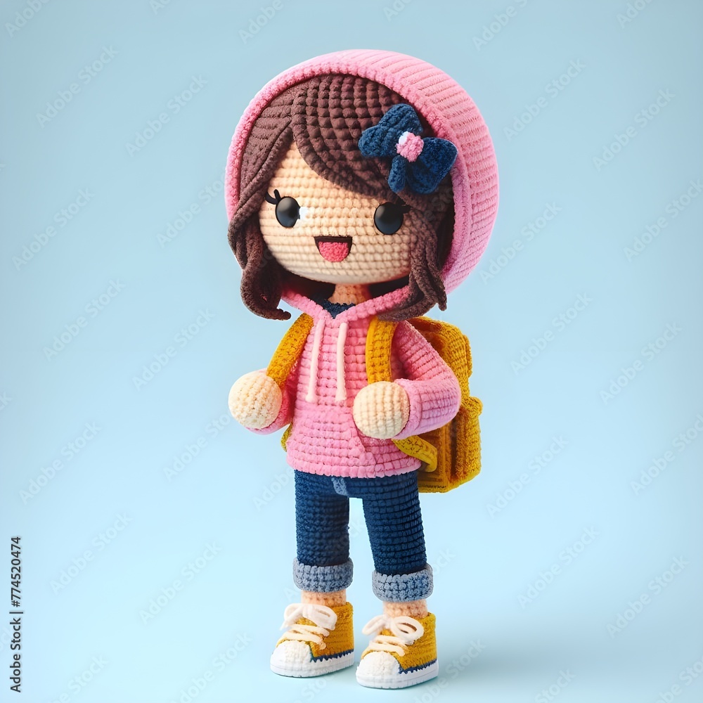 Ai Generated Crochet doll figure Young girl cute excited funny smiling with backpack wears casual fashion clothes, hoodie, jeans, sneakers, is standing. 3d render Ai Generated Crochet doll figure Young girl cute excited funny smiling with backpack wears casual fashion clothes, hoodie, jeans, sneakers, is standing. 3d render