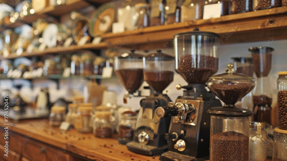 A bustling coffee counter adorned with vintage coffee grinders and jars of artisanal beans inviting customers to indulge in a freshly . .