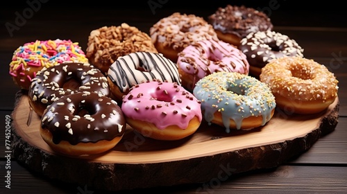 Delicious different donuts on wooden plate in the kitchen room.
