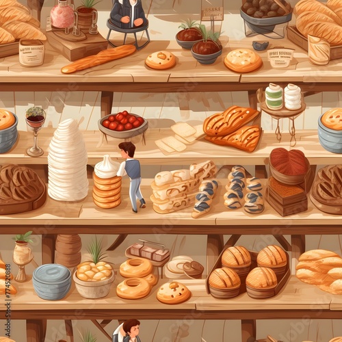 Seamless pattern of cute cartoon bakery ,bread, cake and croissant