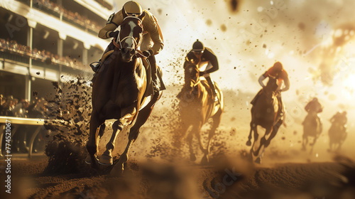 Triumphant moments at the Kentucky Derby horse race with riders galloping, set against the epic backdrop of golden sunset light over the competitors. photo