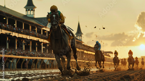 Leading jockey in yellow and green gallops at a crowded racetrack during a vibrant sunset. Amazing wallpaper for the sport photo