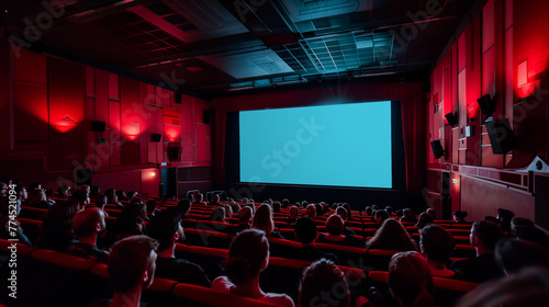 Audience engrossed in a movie under soft red lighting in a modern cinema with a blank empty blue screen photo