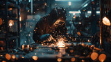 A man in a black jacket is working on a piece of metal with sparks flying. Concept of danger and excitement, as the sparks and heat from the welding process create a dramatic and intense atmosphere