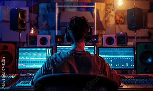 Male artist produces music in soundproof studio with computer mixing desk and audio engineer. Explore music production process, recording studio environment, and collaboration with skilled professiona photo