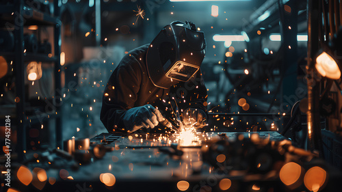 A man in a black jacket is working on a piece of metal with sparks flying. Concept of danger and excitement, as the sparks and heat from the welding process create a dramatic and intense atmosphere © Daw