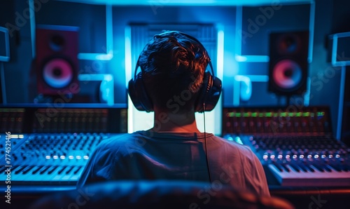 Male artist produces music in soundproof studio with computer mixing desk and audio engineer. Explore music production process, recording studio environment, and collaboration with skilled professiona photo