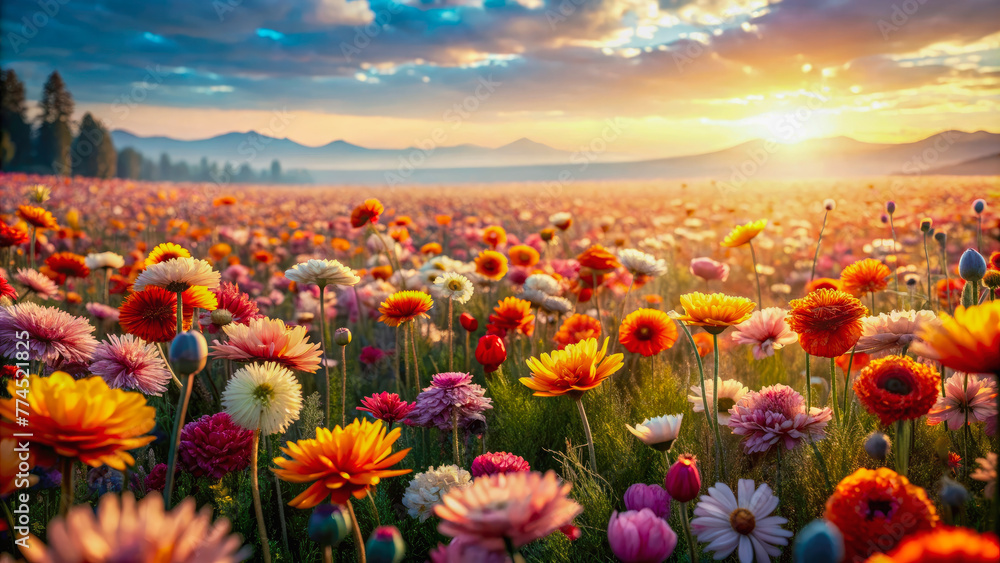 Sunset view over a field of beautiful wildflowers, nature wallpaper. Generative ai