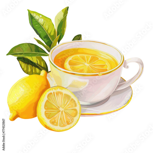 A cup of tea with lemons and a lemon