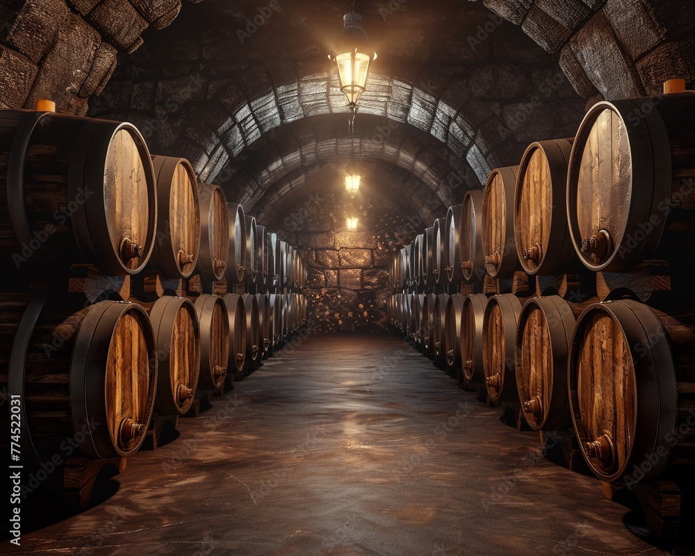 Vintage wine cellar, barrels aligned, dim light, endofrow shot, aged and rich textures , high-resolution