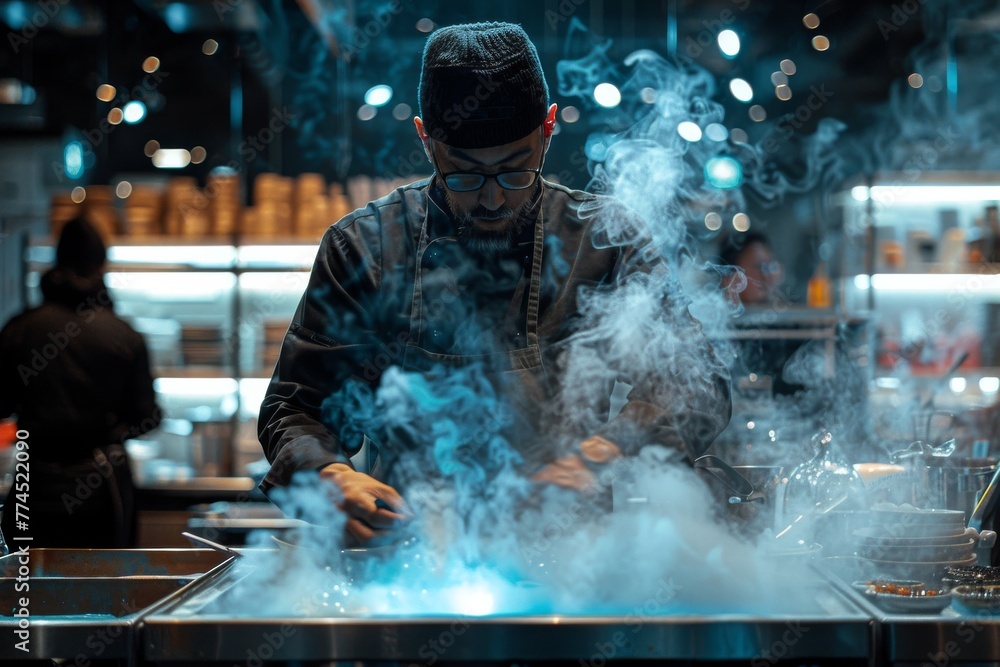 Chef cooking in a steamy restaurant kitchen Chef cooking in a steamy restaurant kitchen