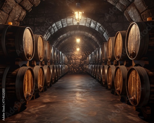 Vintage wine cellar  barrels aligned  dim light  endofrow shot  aged and rich textures   high-resolution