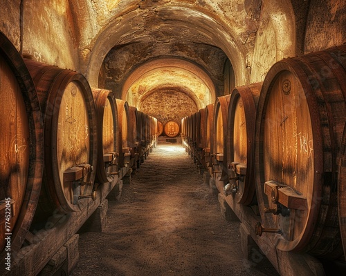 Vintage wine cellar, barrels aligned, dim light, endofrow shot, aged and rich textures , high-resolution