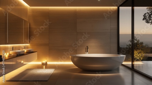 A sleek, modern bathroom gleams under the soft glow of recessed lighting, its minimalist design inviting relaxation and rejuvenation.