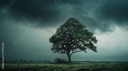 A lone tree stands defiantly in the midst of a storm its branches reaching toward the sky as the winds whip around it.