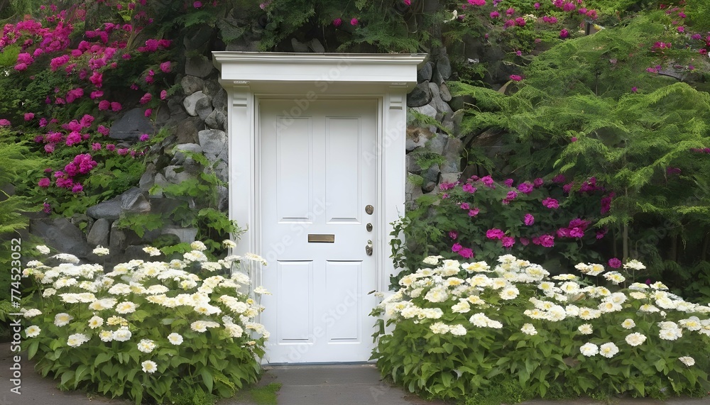 A white door surrounded by blooming flowers in a botanical garden   (1)