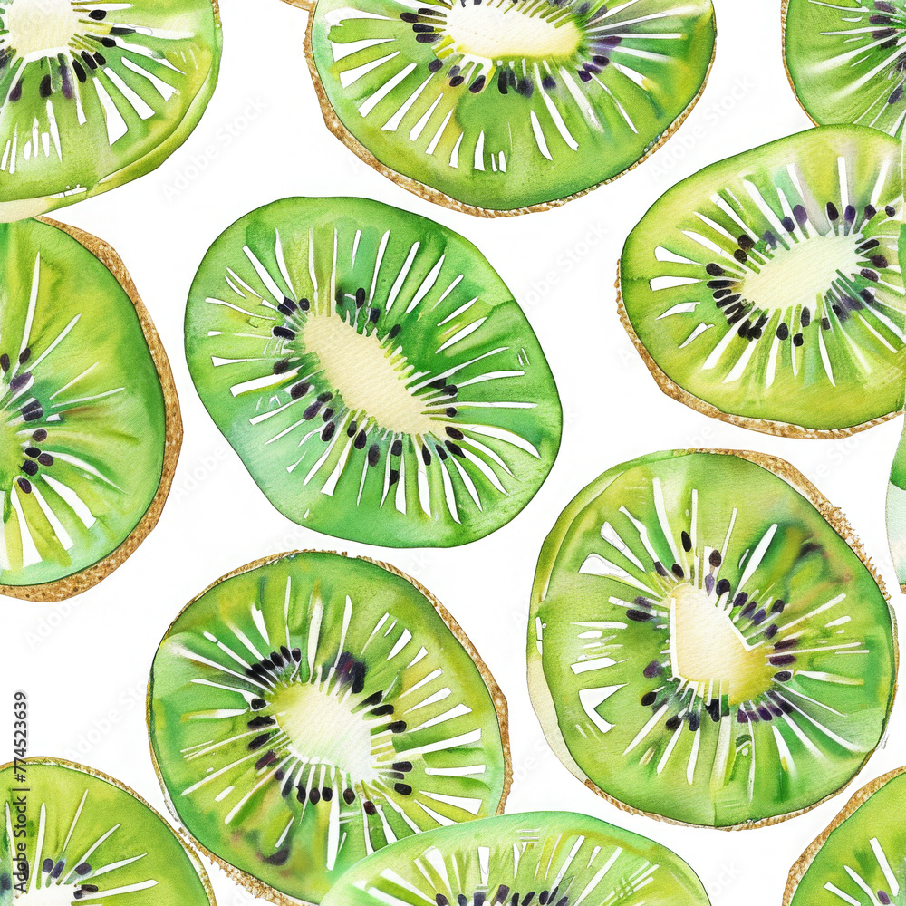 Fototapeta premium A seamless kiwi fruit slice pattern in pastel watercolor
