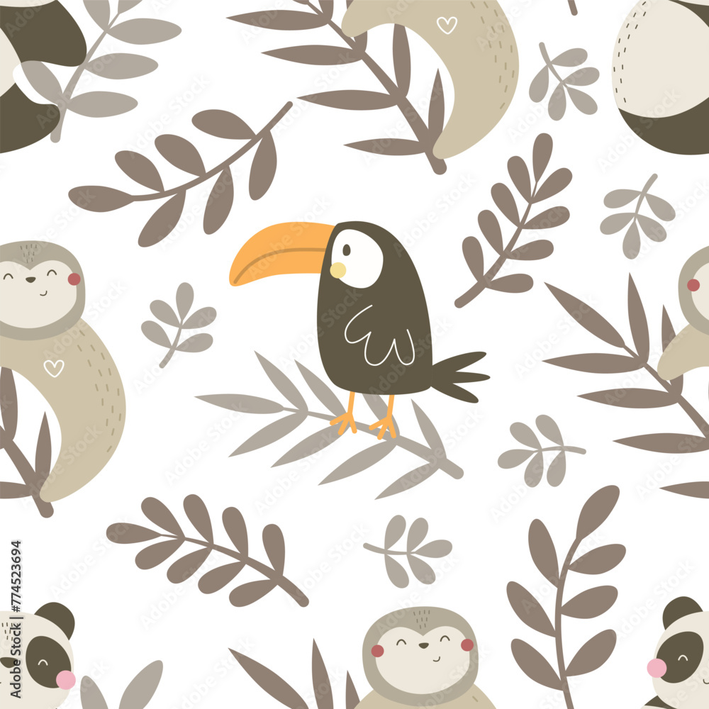 Naklejka premium Seamless pattern with animals, decor elements. colorful vector for kids. hand drawing, flat style. baby design for fabric, print, textile, wrapper