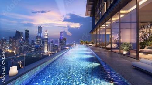 A sleek modern rooftop pool with infinity edges, sparkling azure waters, and panoramic views of the city skyline, offering a luxurious oasis of relaxation and indulgence amidst the urban jungle. photo